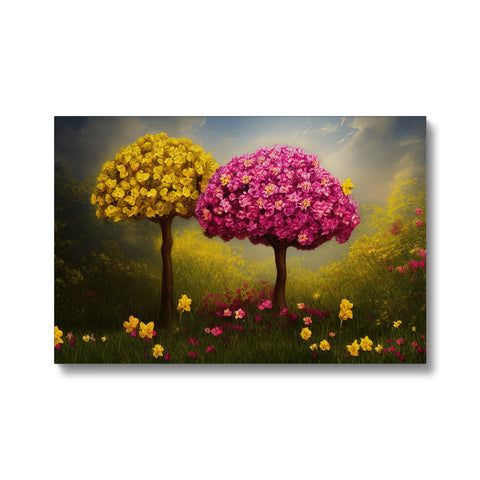 A large picture of some flowers hanging outside in a field.