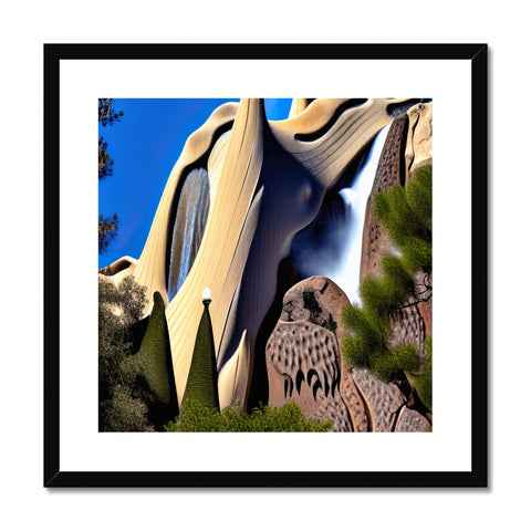 Art print of a cliff face made up of leaves and a rocky outcropping.