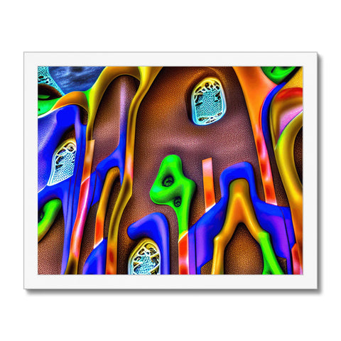 An art print made up of many colors on an abstract wooden frame at night near a
