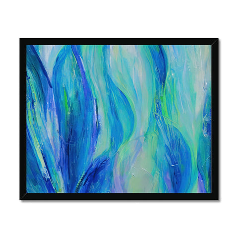 A painting of waves of ocean water over the water on a large wooden frame.