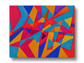 This artwork is an abstract piece of print on a colorful quilt on a wall.