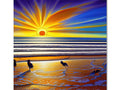 Art print of wave surfing on beach with the sun setting above it