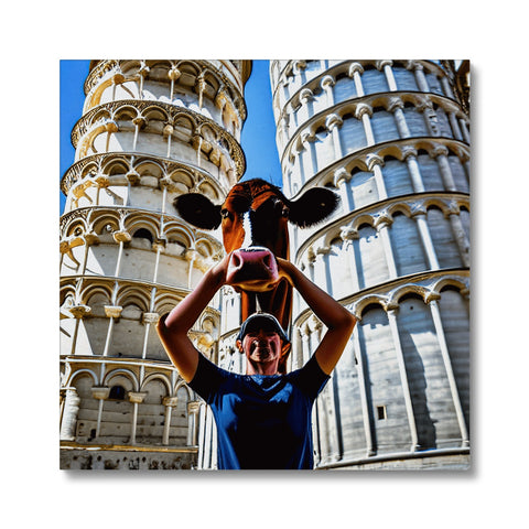The city skyline of Italy with a pink giraffe flying on an open top of a
