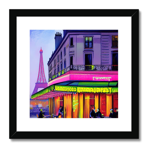 A colorful print of Parisian architecture outside of a building next to a window