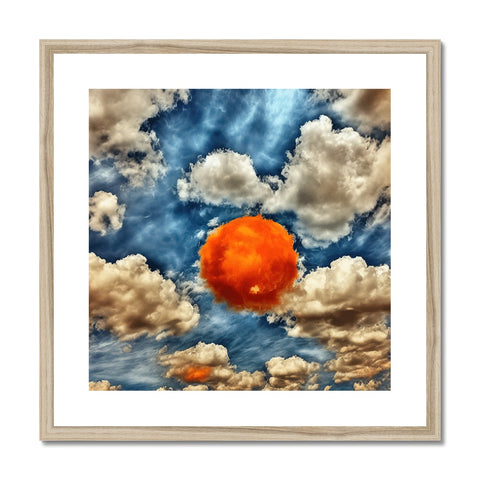 A large framed art print of a sunset is resting on top of a wood border.