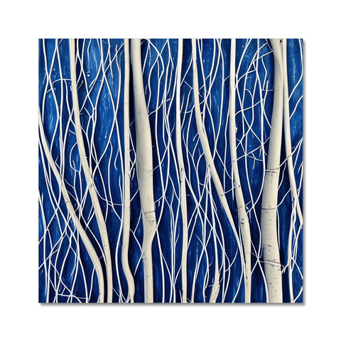 A blue and white art print hangs on a wall with various textures.
