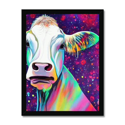 A cow sits on top of a milk cow next to an  art print.