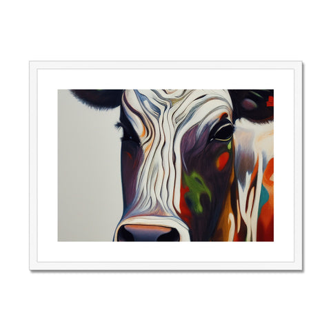 A cow, standing next to an  art print that shows her milk oozing out