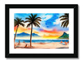 This art print has a sunset scene and a tropical image of a beach.