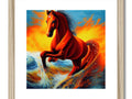 A photo of a horse galloping through the grass with an art print in front of