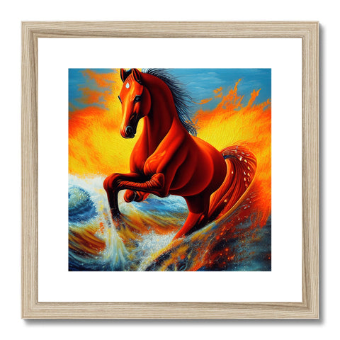 A photo of a horse galloping through the grass with an art print in front of