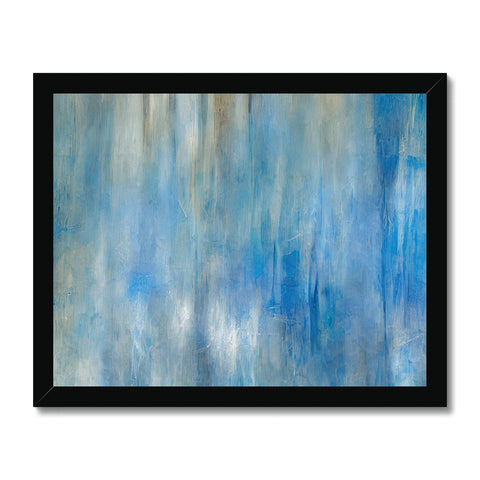 An abstract painting framed in white print on a wall painted on a blue sheet of paper