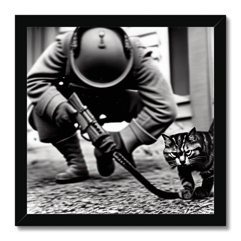 A cat crouches through a hole with a black and white photograph of a woman.