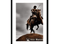 A large framed image of a man on horse on horseback is hanging on his wall