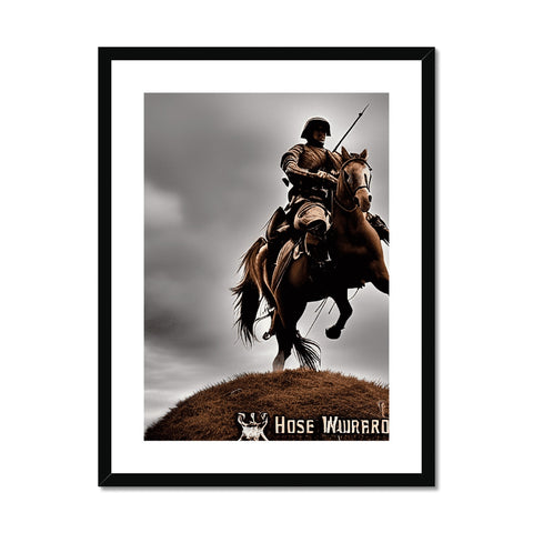 A large framed image of a man on horse on horseback is hanging on his wall