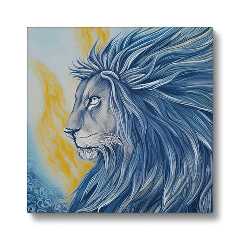A lion sitting on some bricks next to some water with a piece of art print on