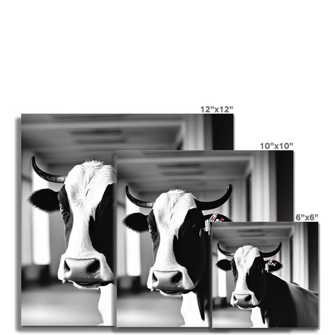 An animal surrounded by three black and white pictures of a brown cow.