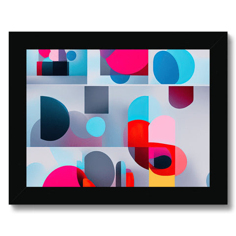 A framed print of an abstract painting on a wall of a window top.