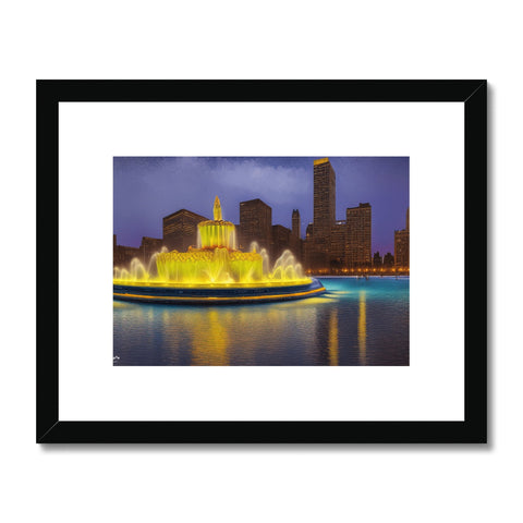 a gold framed print with a view of a city skyline and buildings.
