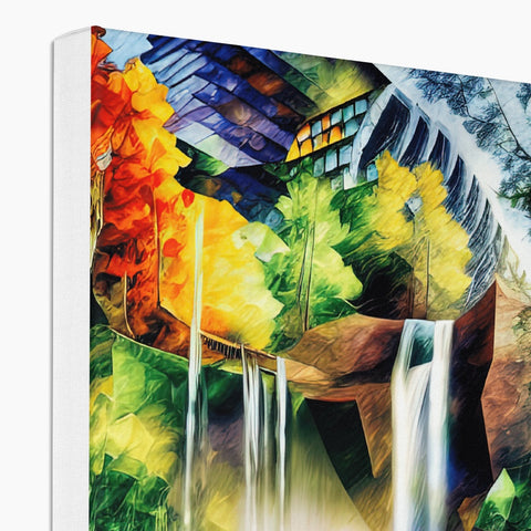 A softcover notebook set with paintings of waterfalls on it covered in ink.