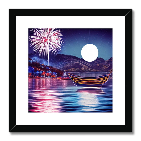 Art print of sailing boat on the lake near lights of fireworks