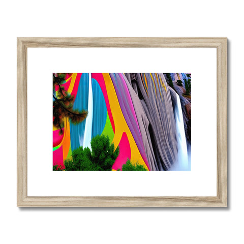 A colorful art print hanging on a frame on a wall