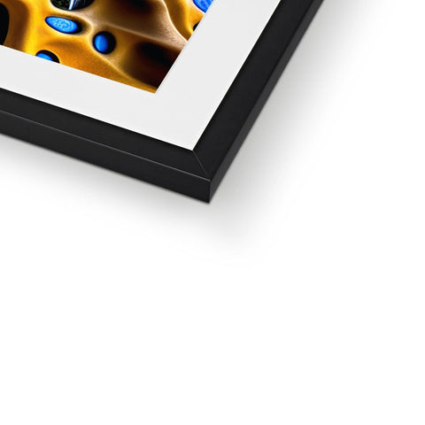 A gold frame with a photograph on top of it in a photo of a blue metal