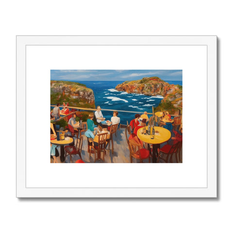 A picture of a beach beach by a table with colorful art prints on it.