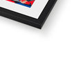 A photo of a red, blue framed picture of an artwork in a picture frame.