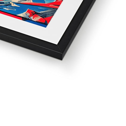 A photo of a red, blue framed picture of an artwork in a picture frame.