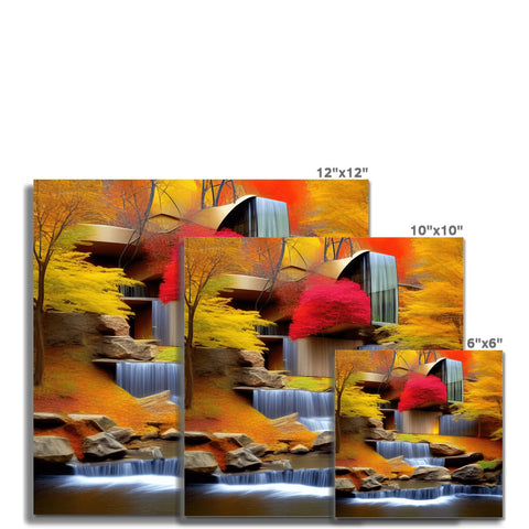 Art prints on a wall are colorful with trees in fall foliage and grasses in the