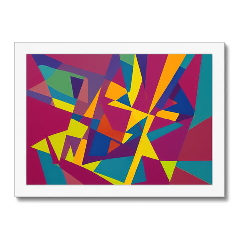 An art print with various colors in it sitting on white tile.