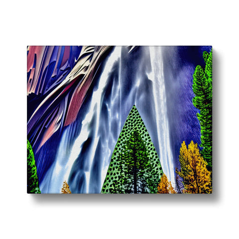 Art print over snow on a waterfall near a rock pile in some wooded area under
