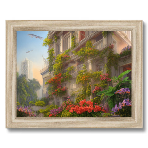 A picture printed in charcoal on a very colorful frame of a tropical setting.