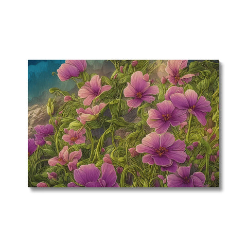 A border with pink and purple flowers on a painting.