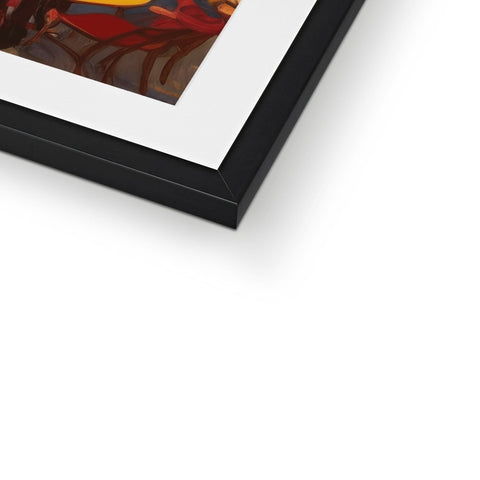 A brown and red picture framed in a wood frame is sitting on top of a piece