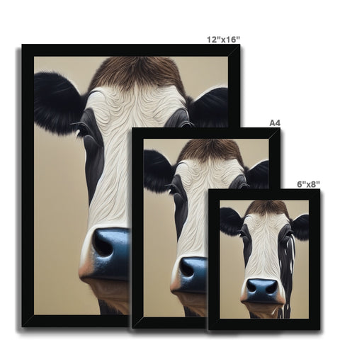 A large picture of a cow, standing next to two other cows.