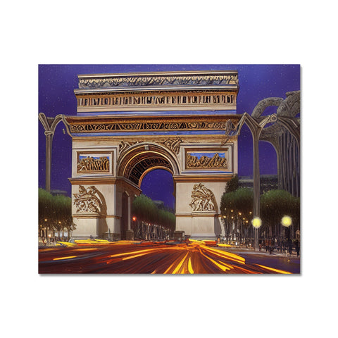 Large colorful painting of the entrance to the city of Paris.