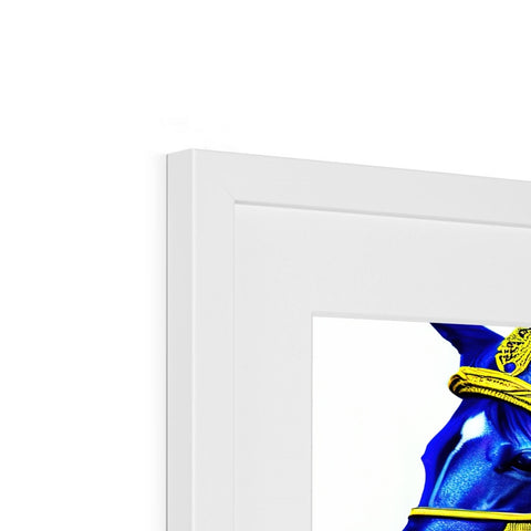 A blue mirror sitting on top of a photo of a wall with several framed objects and