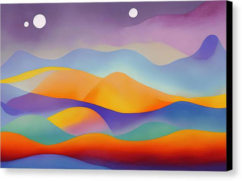 Abstract painting of a scene in a desert with clouds and mountains