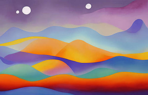 A desert landscape painting is of the sun setting over a mountain range of mountains.