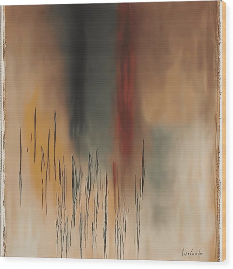 A white wood panel of a painting standing in front of a fire burnt orange wood.