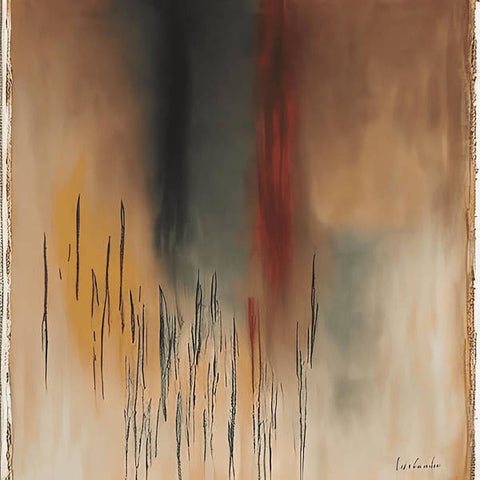 An abstract painting that is decorated with charred leaves and a flame.