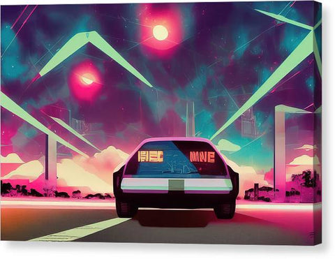 A blue and white car traveling down the highway holding an art print and a carport