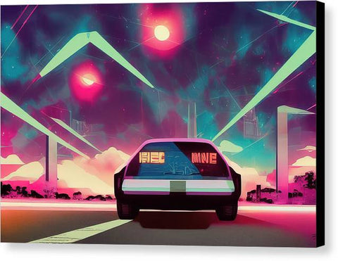 A blue and white car traveling down the highway holding an art print and a carport