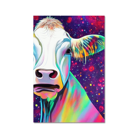 This cow is a black and white portrait hanging off the wall with colorful lights.