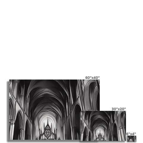 A large cathedral with a black and white image of a room.