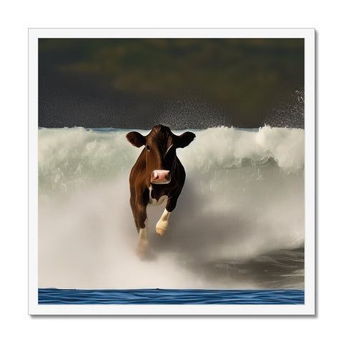 A cow is standing in the field of water on a sandy hilltop pasture.