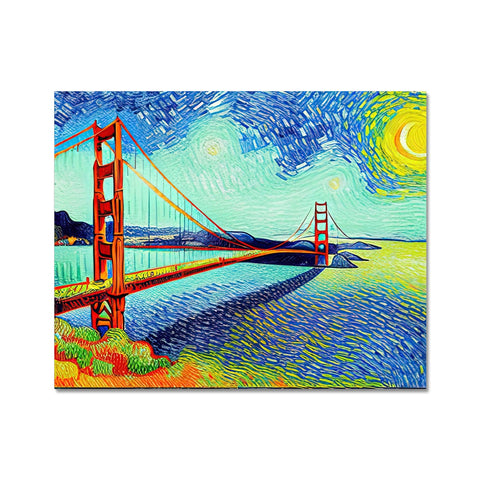 A street art print of the golden gate, a bridge, and some buildings and a