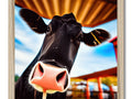 A cow licking her mouth on a wooden screen.